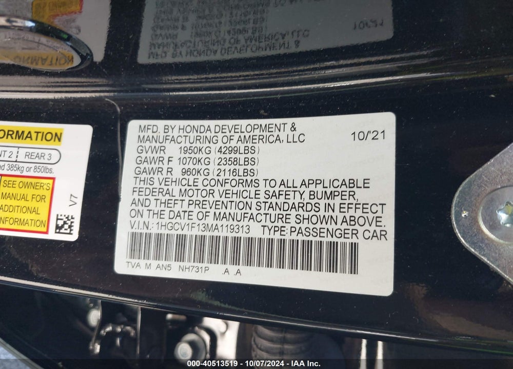 2021 HONDA ACCORD LX VIN: 1HGCV1F13MA119313