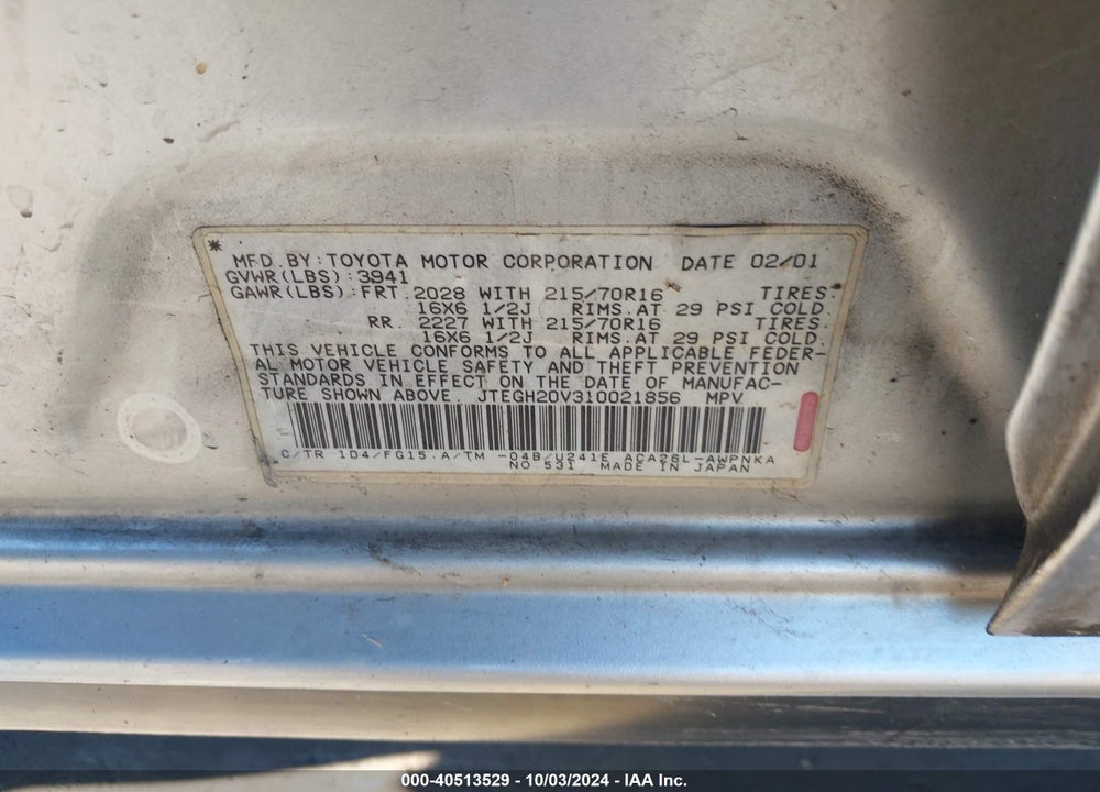 2001 TOYOTA RAV4 VIN: JTEGH20V310021856