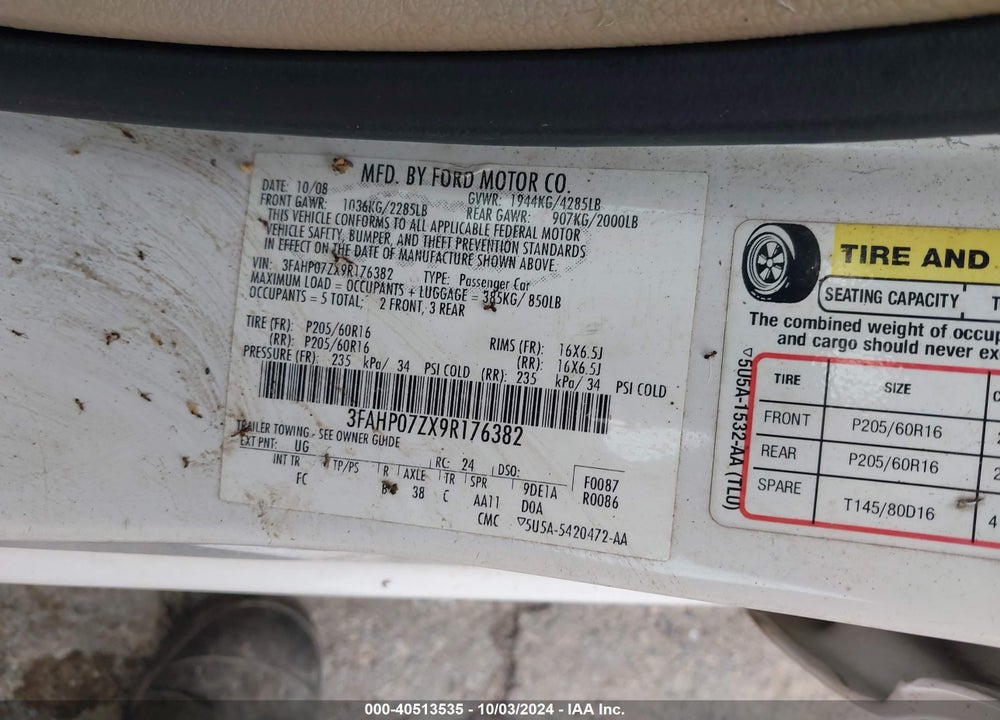 2009 FORD FUSION SE VIN: 3FAHP07ZX9R176382