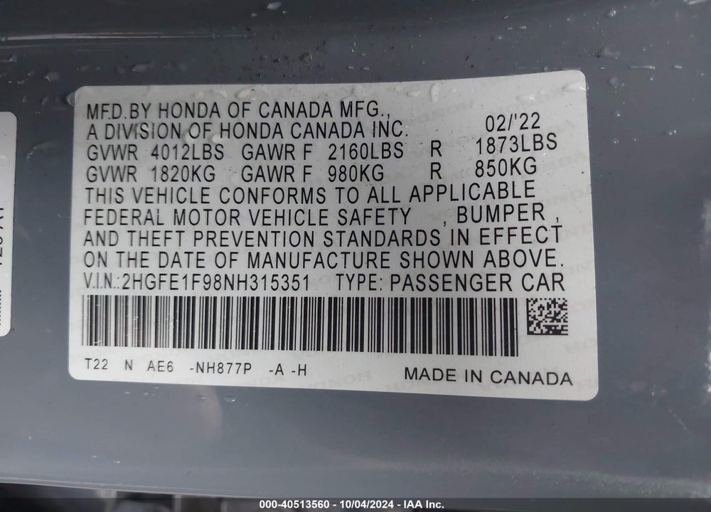 2022 HONDA CIVIC TOURING VIN: 2HGFE1F98NH315351