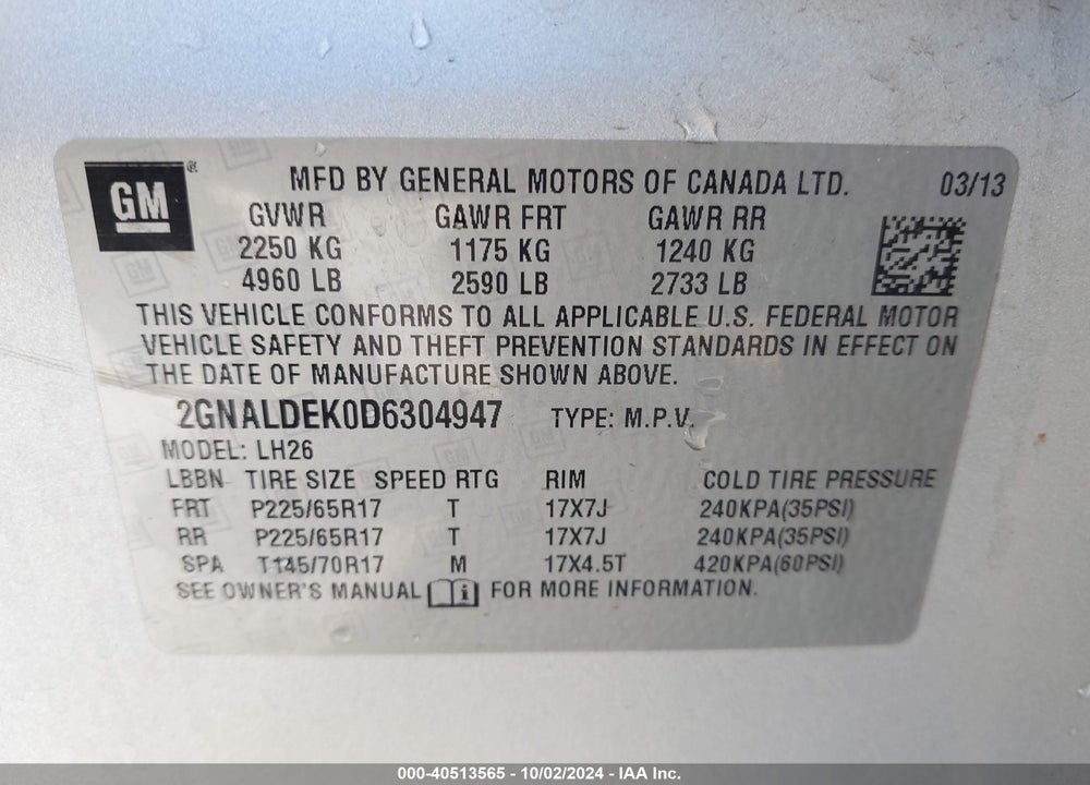 2013 CHEVROLET EQUINOX 1LT VIN: 2GNALDEK0D6304947