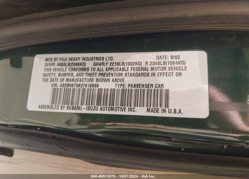 2003 SUBARU OUTBACK VIN: 4S3BH675837616899
