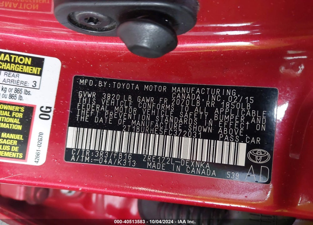 2015 TOYOTA COROLLA LE VIN: 2T1BURHE5FC372031