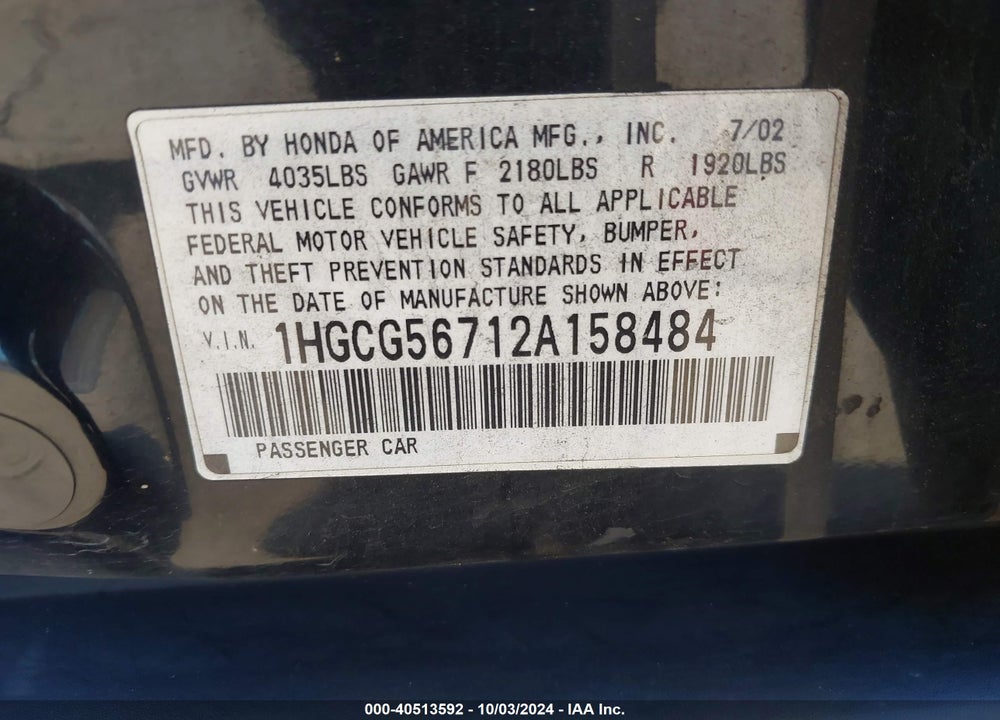 2002 HONDA ACCORD 2.3 SE VIN: 1HGCG56712A158484