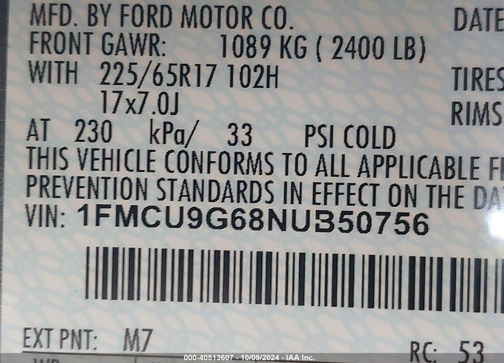 2022 FORD ESCAPE SE VIN: 1FMCU9G68NUB50756