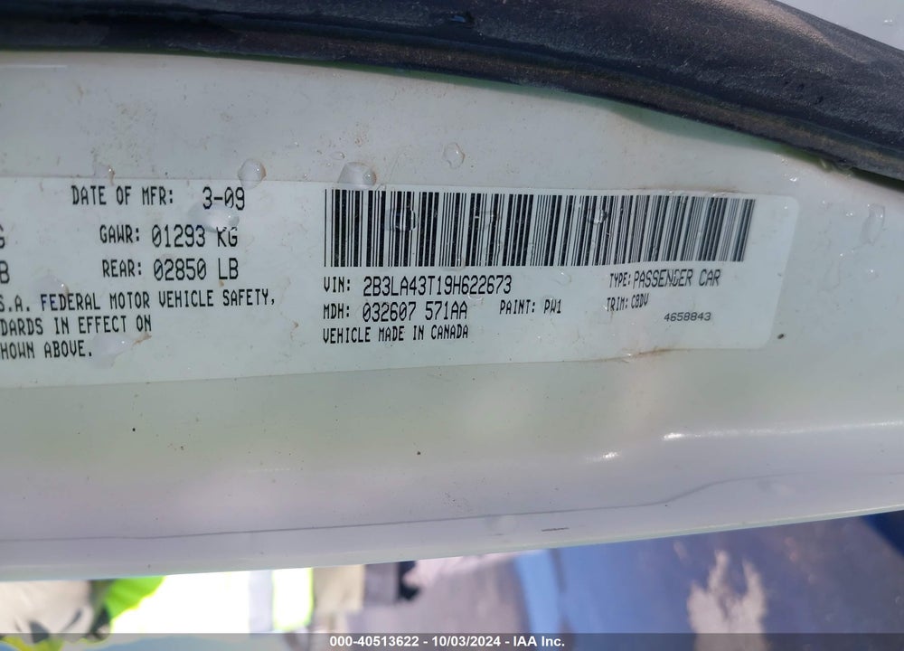 2009 DODGE CHARGER VIN: 2B3LA43T19H622673