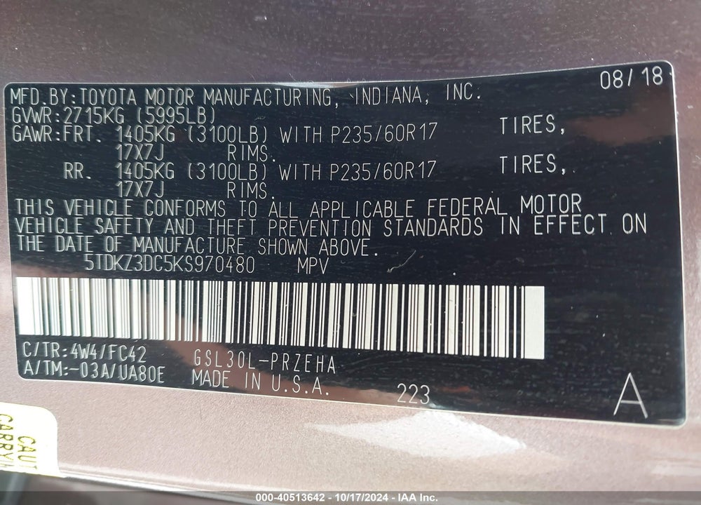 2019 TOYOTA SIENNA LE 8 PASSENGER VIN: 5TDKZ3DC5KS970480