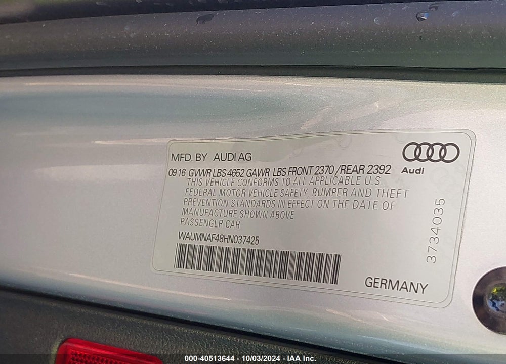 2017 AUDI A4 2.0T PREMIUM VIN: WAUMNAF48HN037425