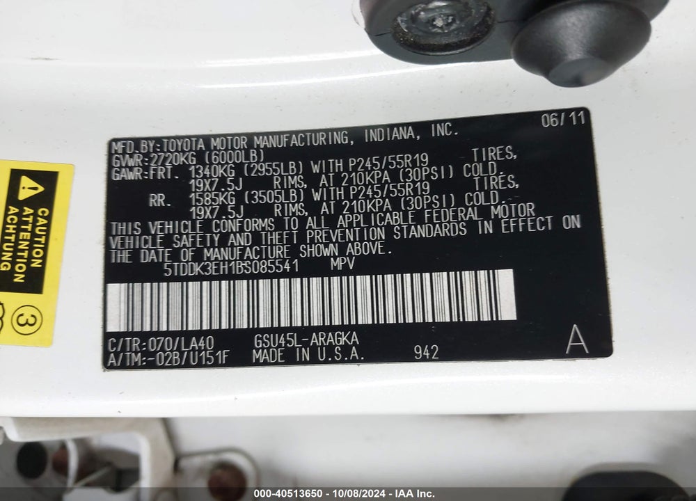 2011 TOYOTA HIGHLANDER LIMITED V6 VIN: 5TDDK3EH1BS085541