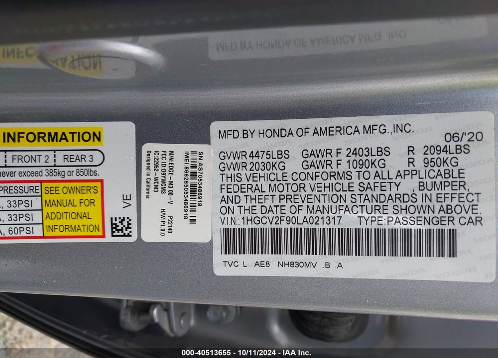 2020 HONDA ACCORD TOURING VIN: 1HGCV2F90LA021317