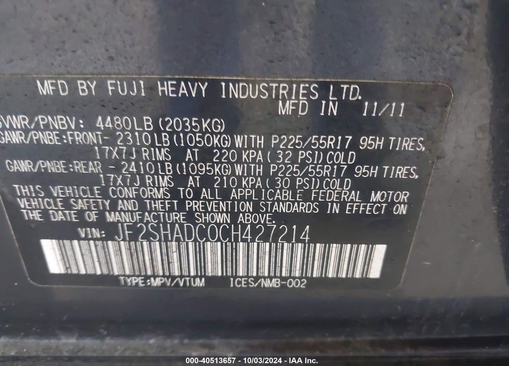 2012 SUBARU FORESTER 2.5X PREMIUM VIN: JF2SHADC0CH427214