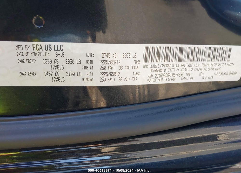 2017 DODGE GRAND CARAVAN SXT VIN: 2C4RDGCG0HR574595