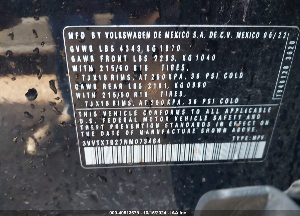 2022 VOLKSWAGEN TAOS 1.5T SE VIN: 3VVTX7B27NM073484