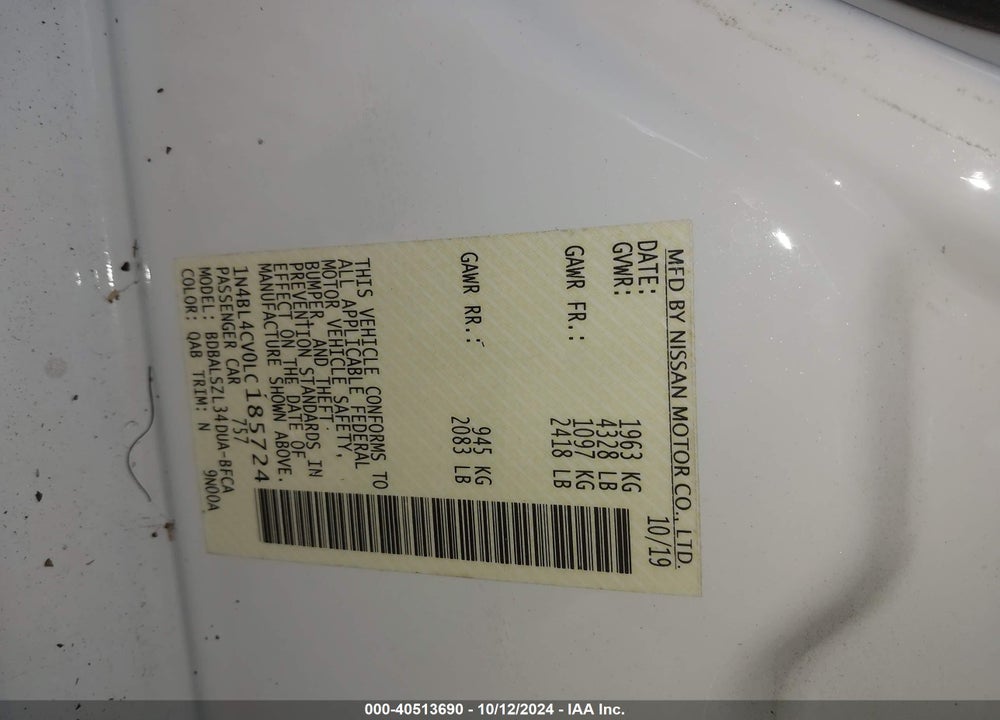 2020 NISSAN ALTIMA SR FWD VIN: 1N4BL4CV0LC185724