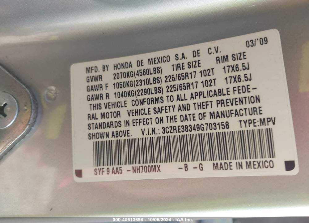 2009 HONDA CR-V LX VIN: 3CZRE38349G703158