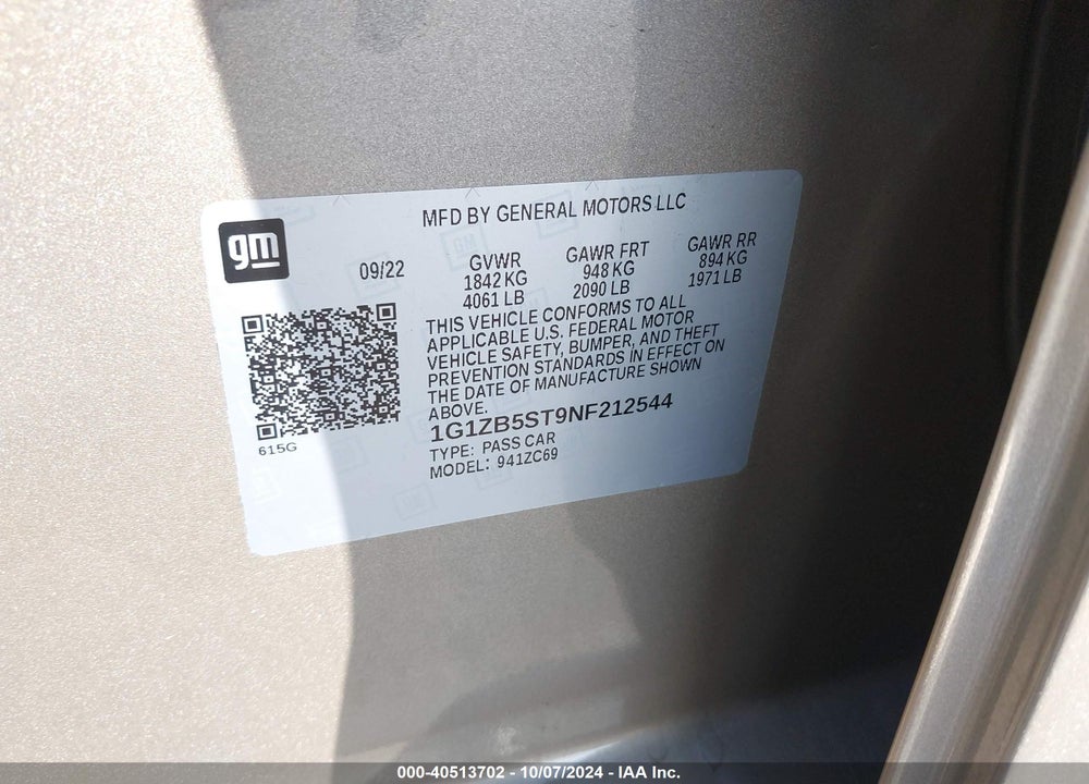 2022 CHEVROLET MALIBU FWD LS VIN: 1G1ZB5ST9NF212544