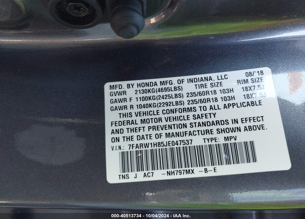 2018 HONDA CR-V EX-L/EX-L NAVI VIN: 7FARW1H85JE047537