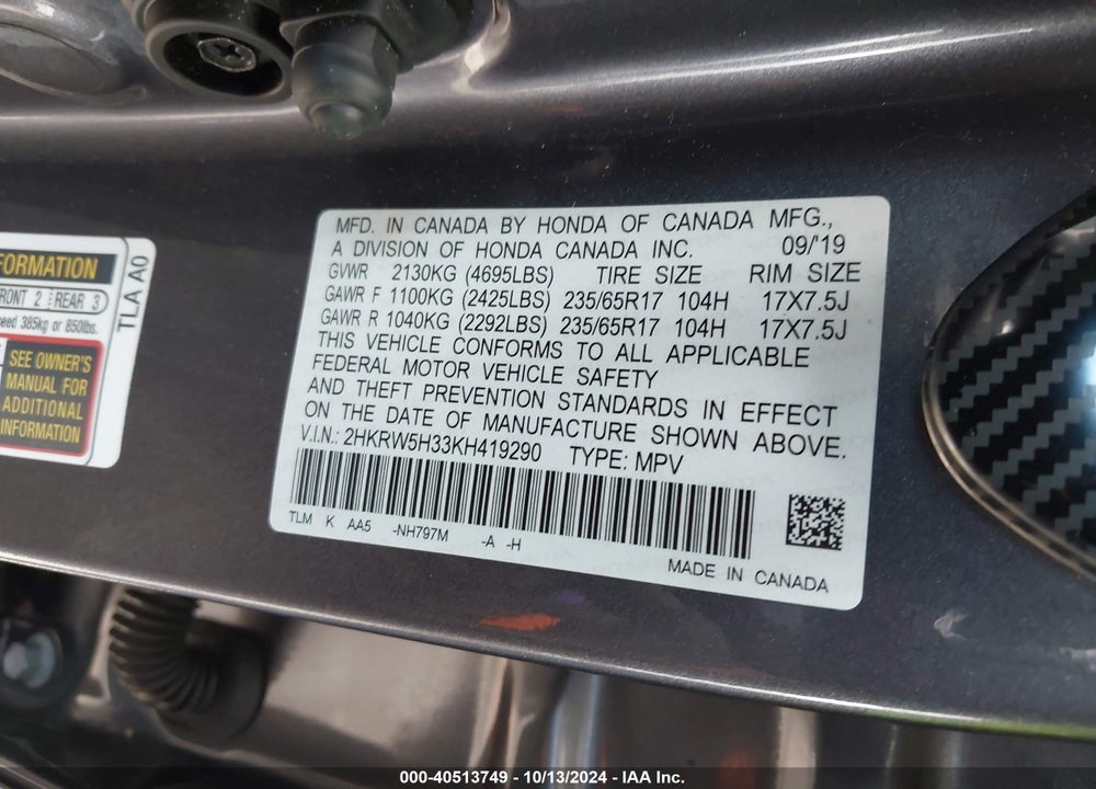 2019 HONDA CR-V LX VIN: 2HKRW5H33KH419290