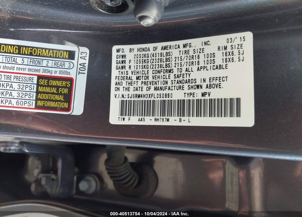 2015 HONDA CR-V LX VIN: 5J6RM4H3XFL050990