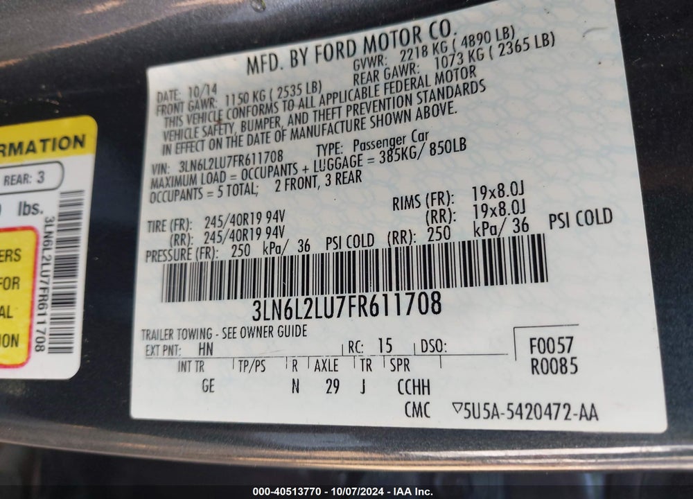 2015 LINCOLN MKZ HYBRID VIN: 3LN6L2LU7FR611708