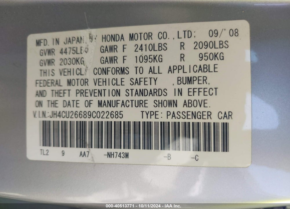 2009 ACURA TSX VIN: JH4CU26689C022685