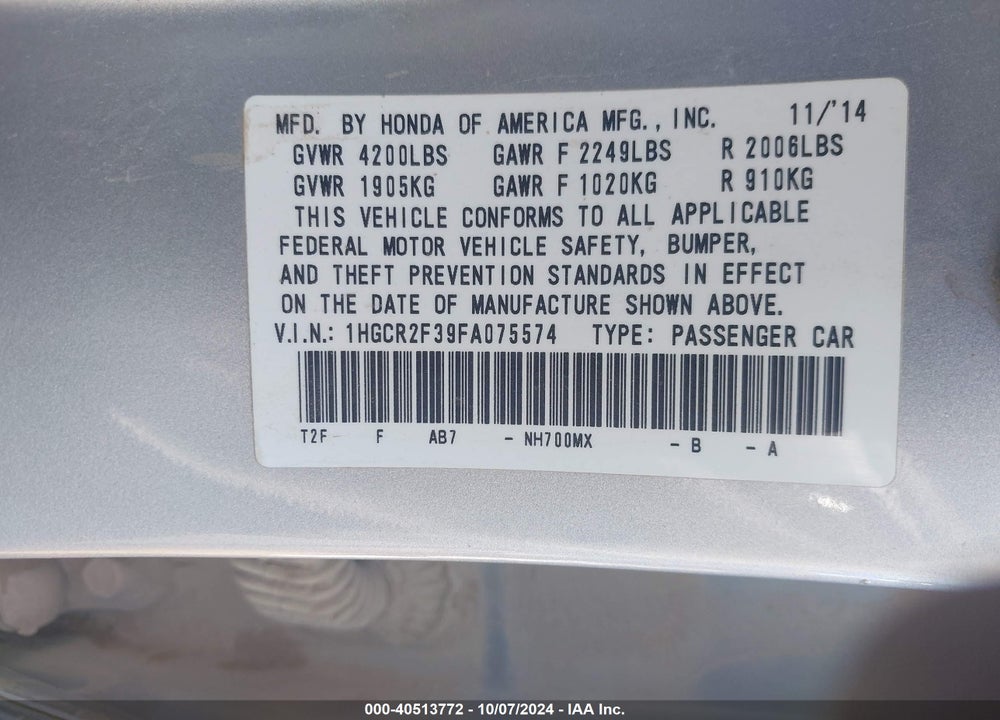 2015 HONDA ACCORD LX VIN: 1HGCR2F39FA075574