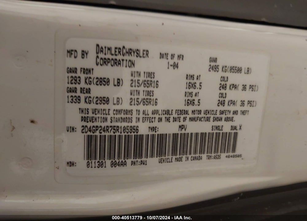 2005 DODGE GRAND CARAVAN SE VIN: 2D4GP24R75R105956