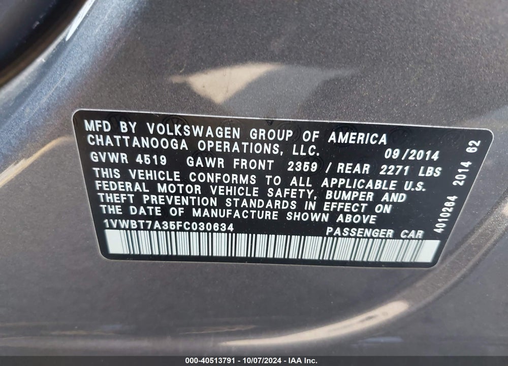 2015 VOLKSWAGEN PASSAT VIN: 1VWBT7A35FC030634