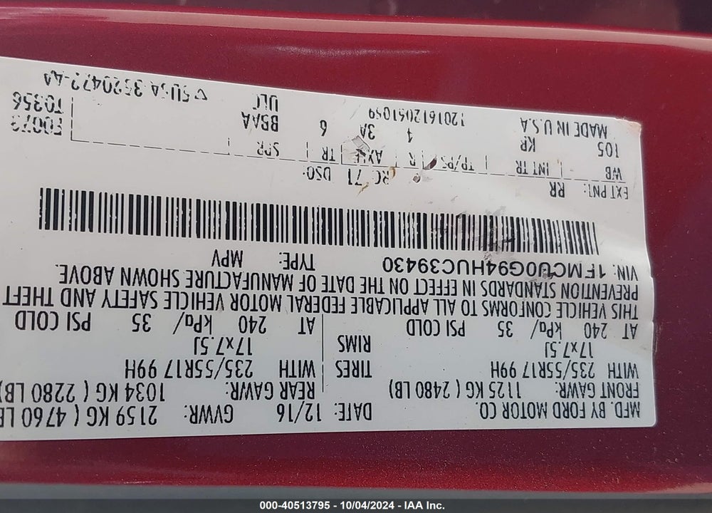 2017 FORD ESCAPE SE VIN: 1FMCU0G94HUC39430