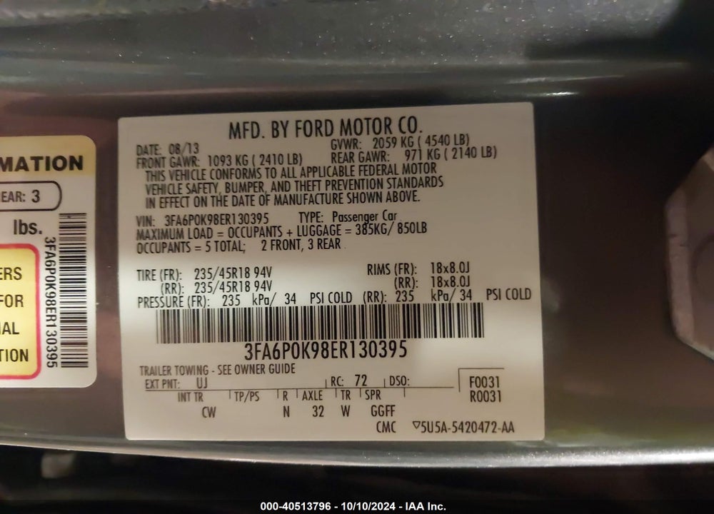 2014 FORD FUSION TITANIUM VIN: 3FA6P0K98ER130395