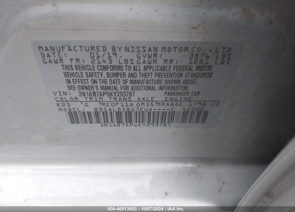 2019 NISSAN SENTRA SV VIN: 3N1AB7AP6KY293787