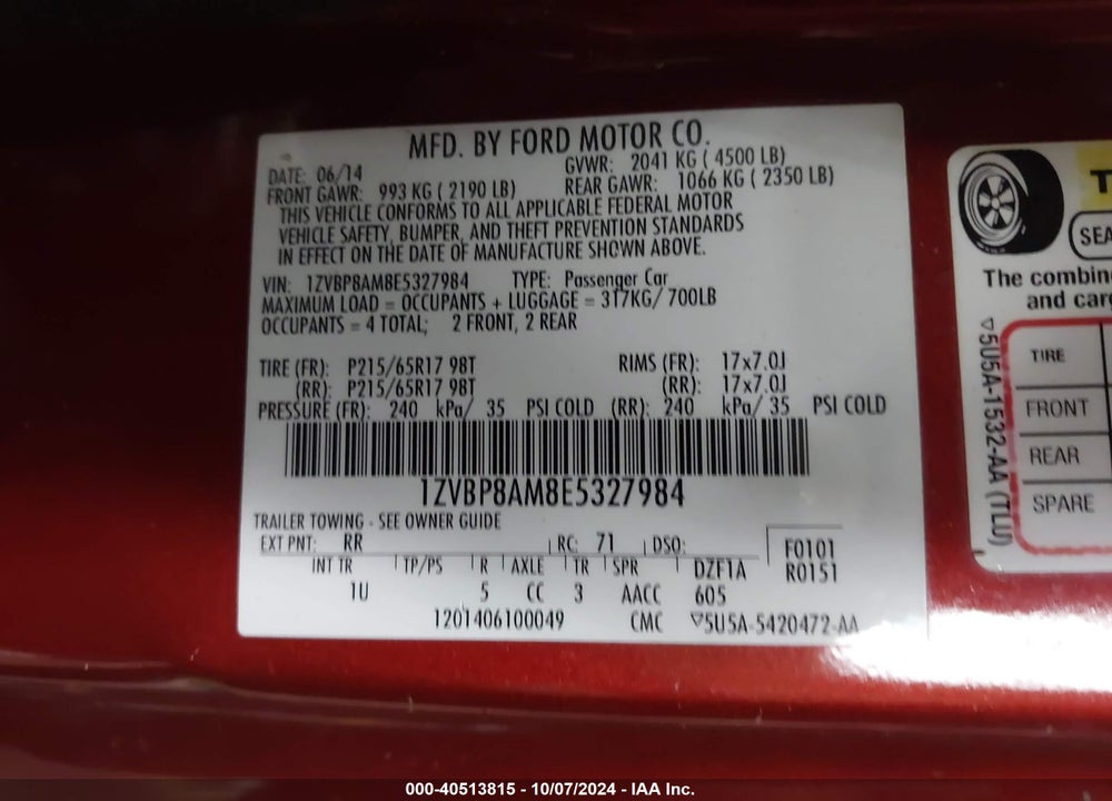 2014 FORD MUSTANG V6 VIN: 1ZVBP8AM8E5327984