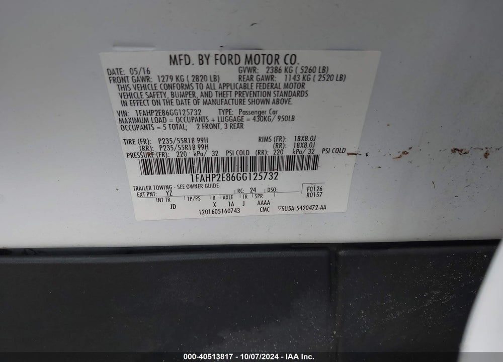 2016 FORD TAURUS SEL VIN: 1FAHP2E86GG125732