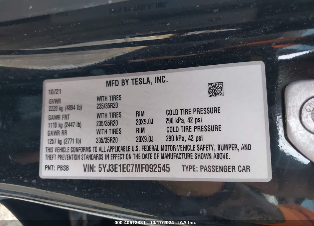 2021 TESLA MODEL 3 PERFORMANCE DUAL MOTOR ALL-WHEEL DRIVE VIN: 5YJ3E1EC7MF092545