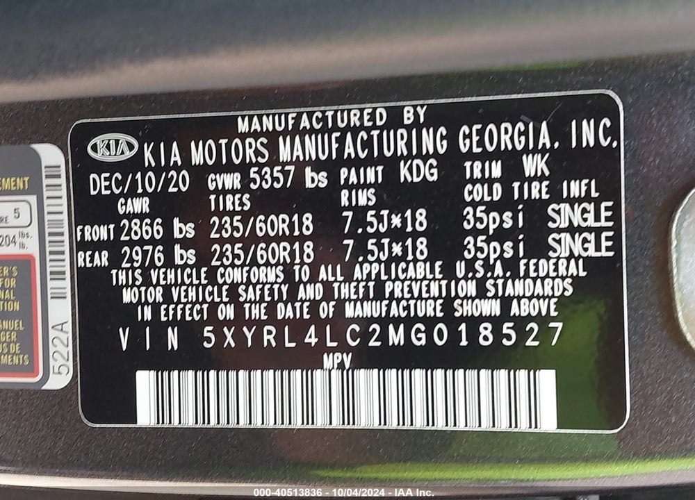2021 KIA SORENTO S VIN: 5XYRL4LC2MG018527