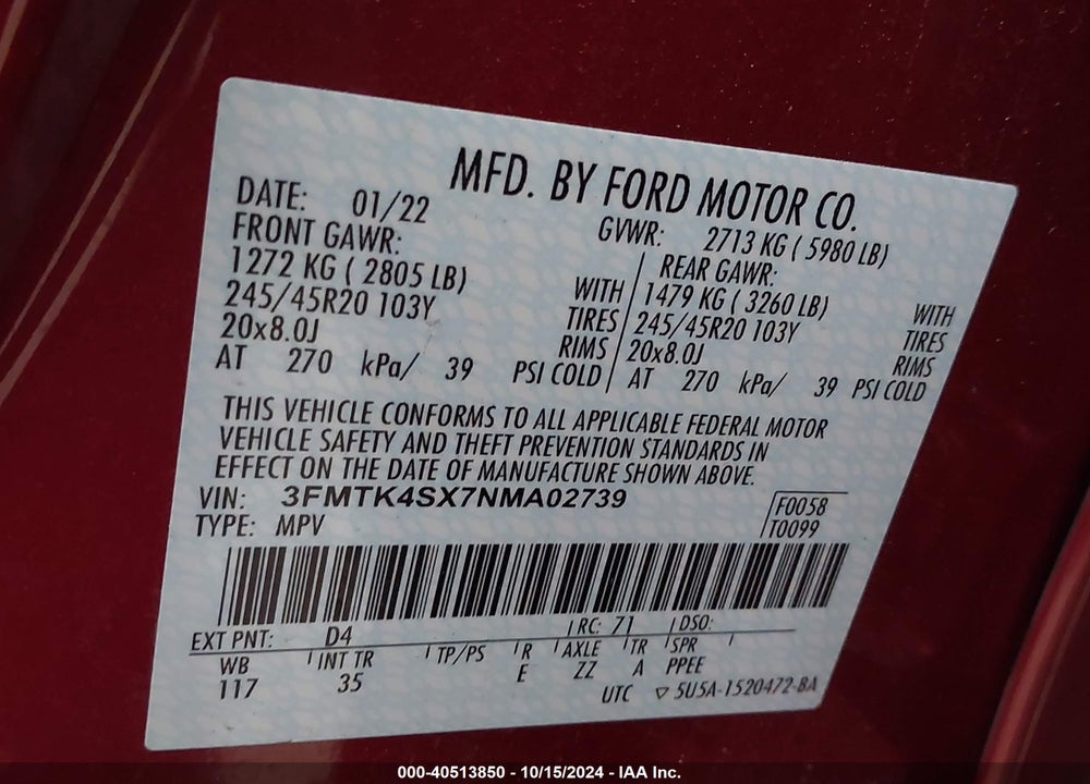 2022 FORD MUSTANG MACH-E GT VIN: 3FMTK4SX7NMA02739