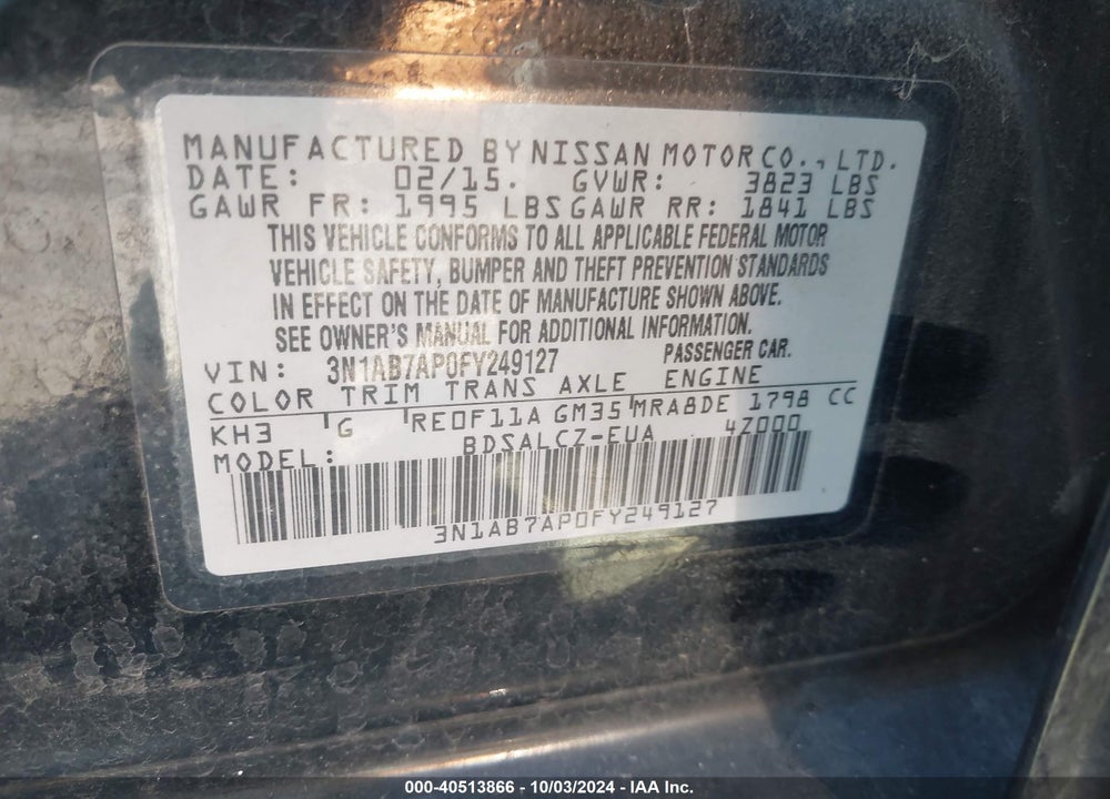 2015 NISSAN SENTRA FE+ S/S/SL/SR/SV VIN: 3N1AB7AP0FY249127