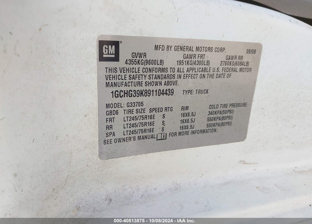 2009 CHEVROLET EXPRESS 3500 WORK VAN VIN: 1GCHG39K891104439