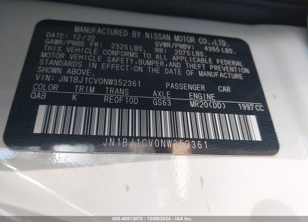 2022 NISSAN ROGUE SPORT SL FWD XTRONIC CVT VIN: JN1BJ1CV0NW352361