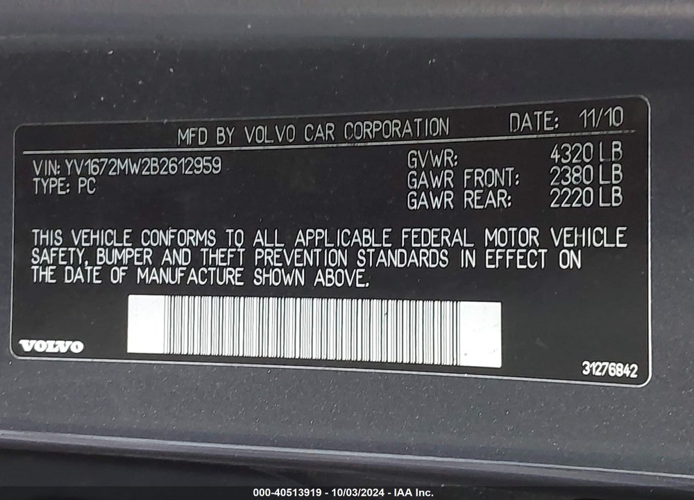 2011 VOLVO V50 T5/T5 R-DESIGN VIN: YV1672MW2B2612959