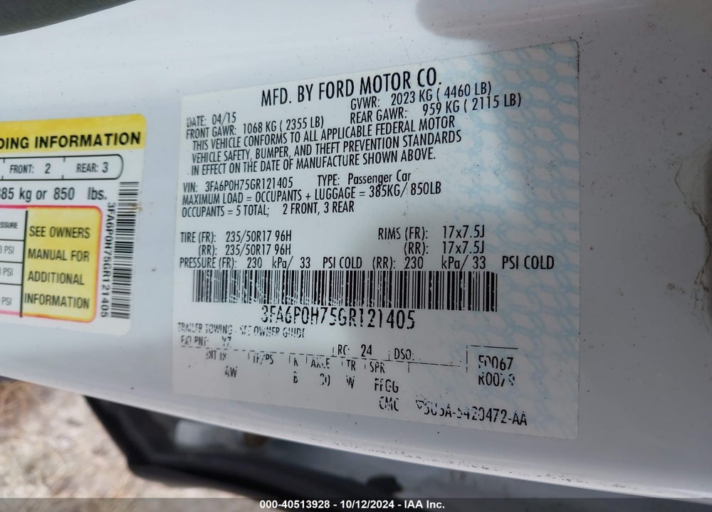 2016 FORD FUSION SE VIN: 3FA6P0H75GR121405