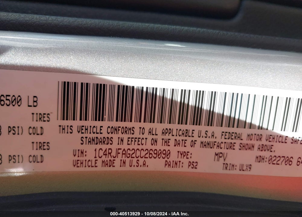 2012 JEEP GRAND CHEROKEE LAREDO VIN: 1C4RJFAG2CC269090