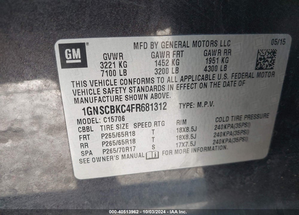 2015 CHEVROLET TAHOE LT VIN: 1GNSCBKC4FR681312