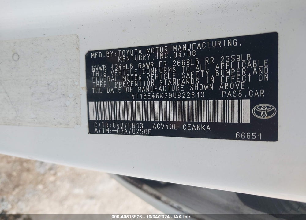 2009 TOYOTA CAMRY VIN: 4T1BE46K29U822813