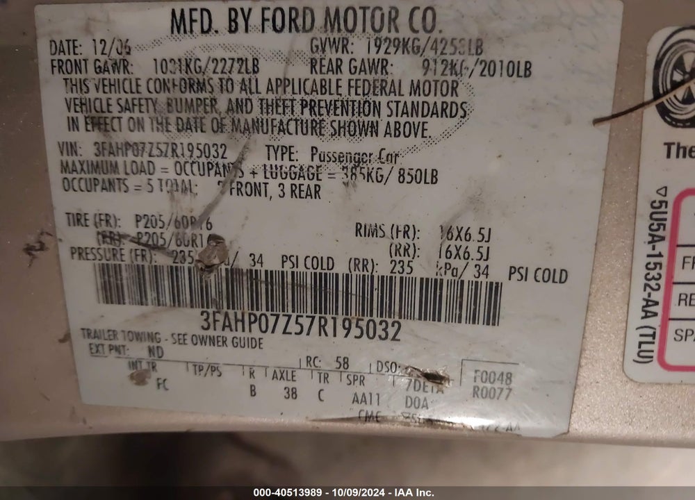 2007 FORD FUSION SE VIN: 3FAHP07Z57R195032