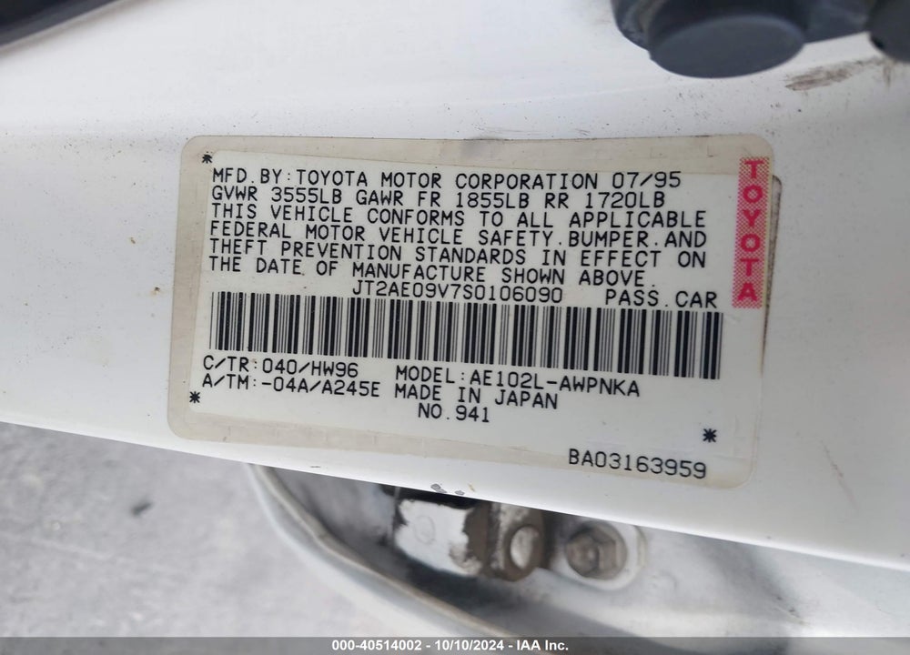1995 TOYOTA COROLLA DX VIN: JT2AE09V7S0106090