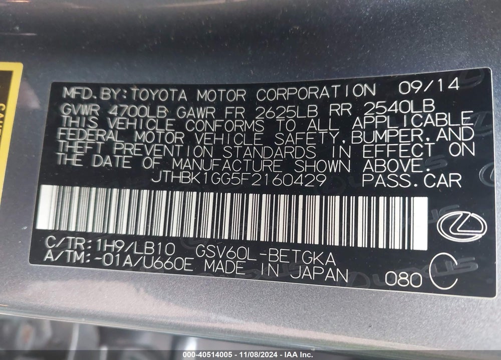 2015 LEXUS ES 350 VIN: JTHBK1GG5F2160429