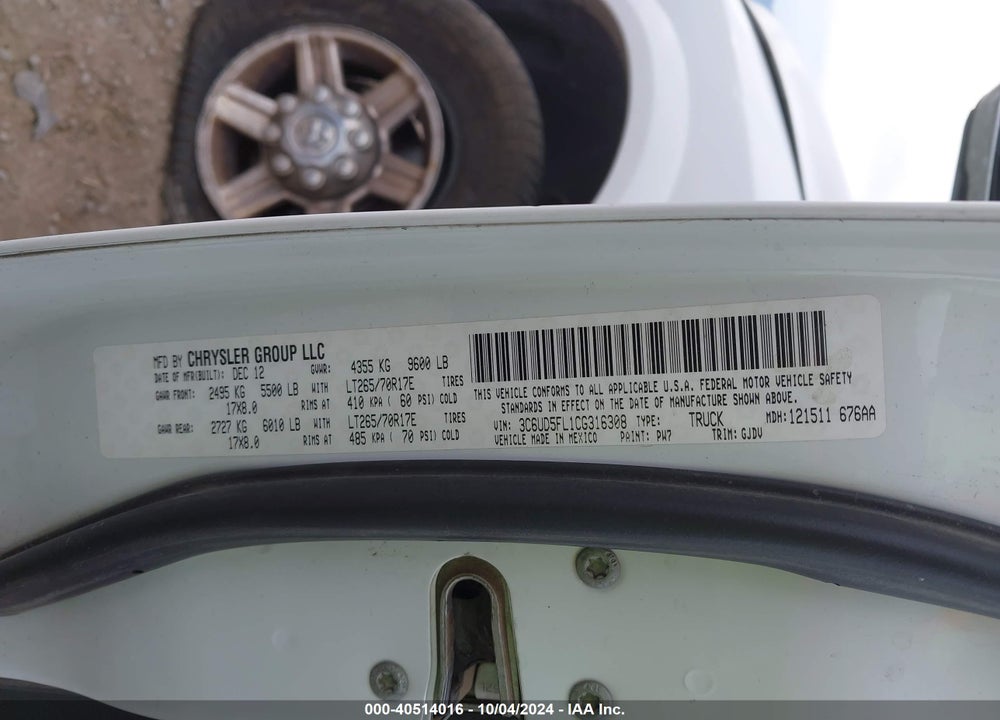 2012 RAM 2500 VIN: 3C6UD5FL1CG316308