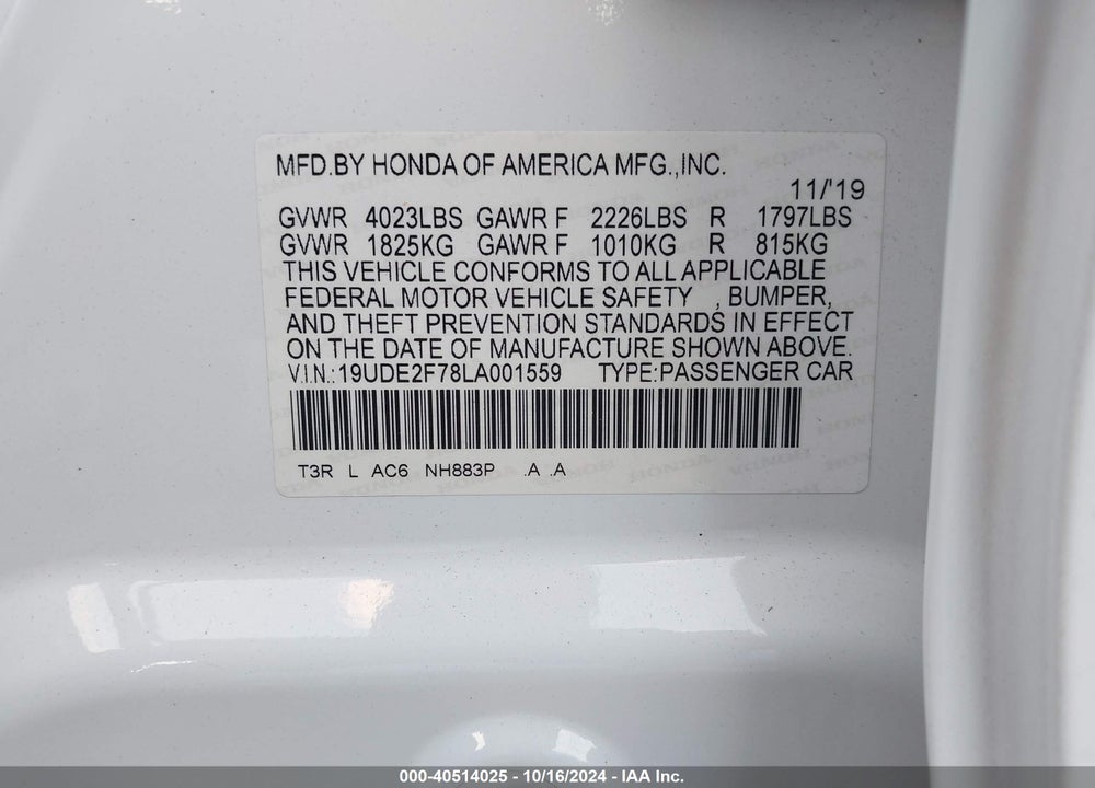 2020 ACURA ILX VIN: 19UDE2F78LA001559