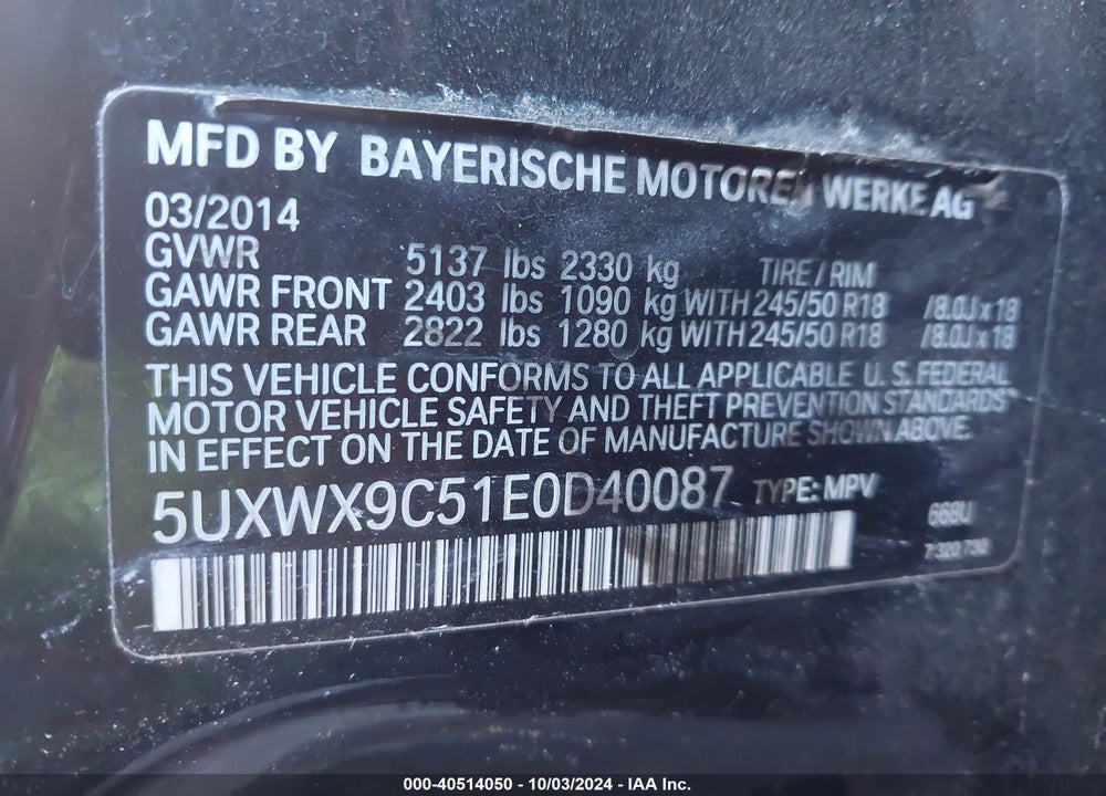 2014 BMW X3 XDRIVE28I VIN: 5UXWX9C51E0D40087